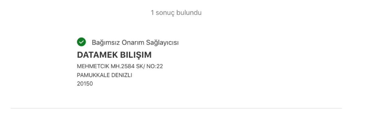 Apple'ın onarım sağlayıcı doğrulama sayfası: DATAMEK BILIŞIM, Apple Independent Repair Provider, Pamukkale Denizli.