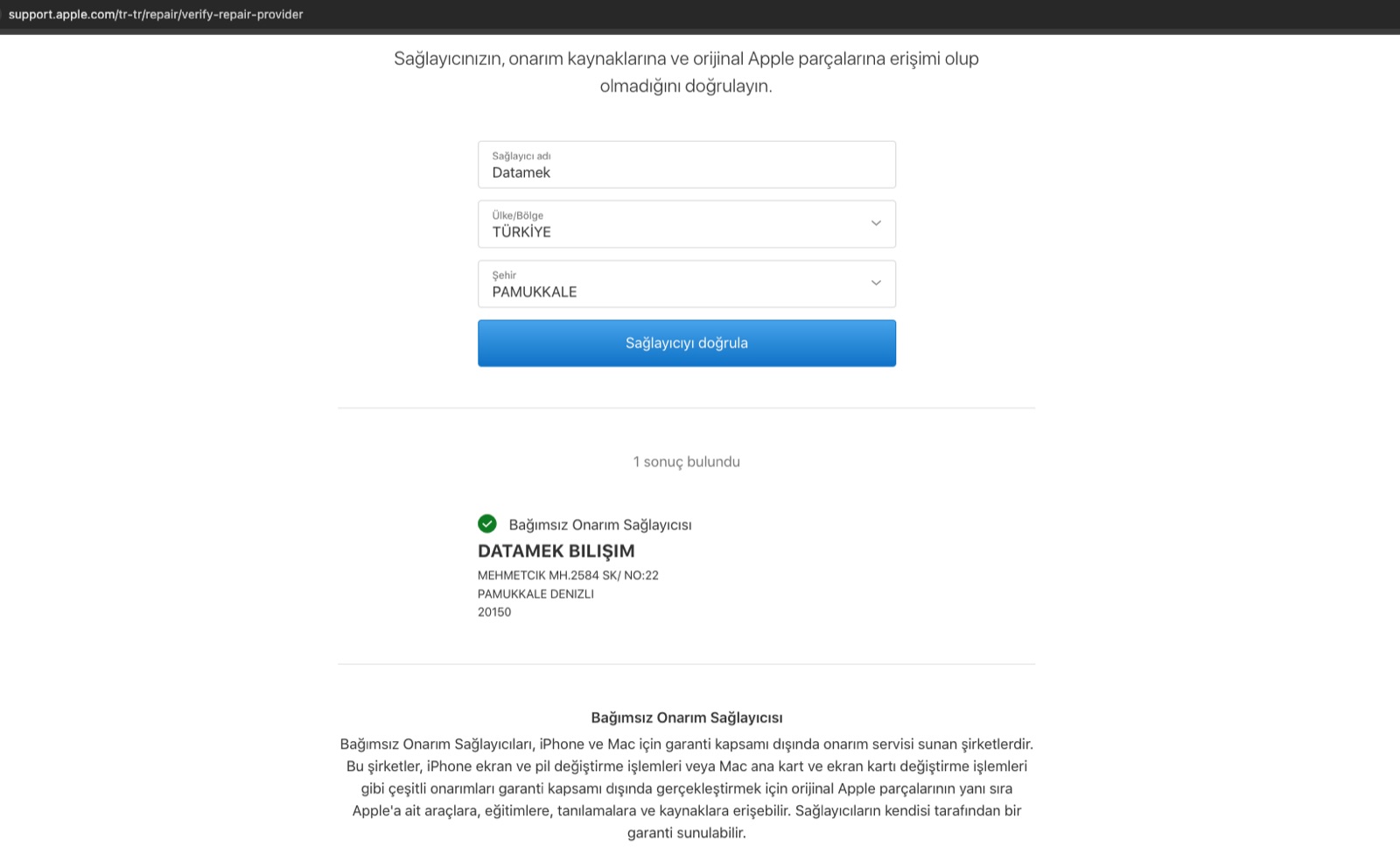 Apple'ın onarım sağlayıcı doğrulama sayfası: DATAMEK BILIŞIM, Apple Independent Repair Provider, Pamukkale Denizli.